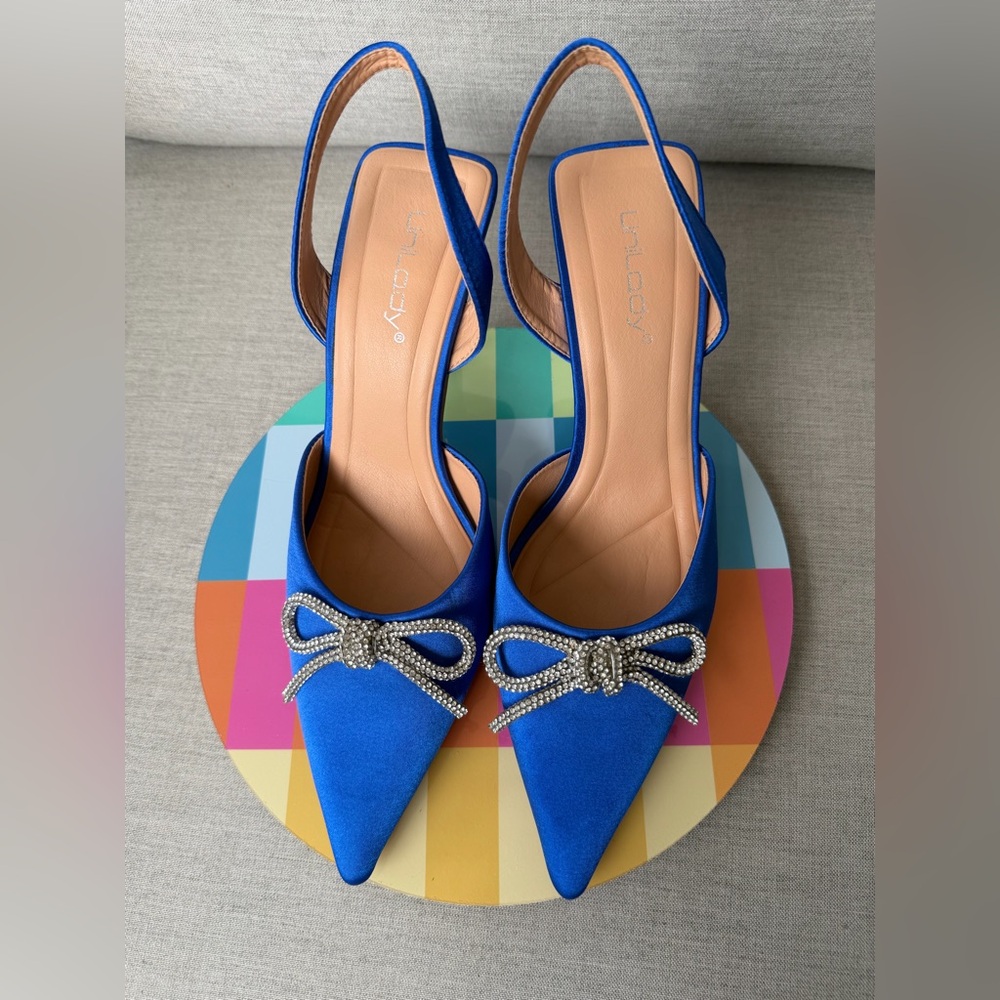 Blue Satin Women's Slingback heels with Rhinestone Bows size 8,5 - Picture 8 of 12